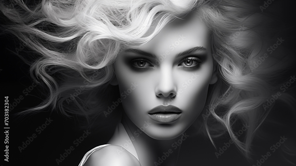 Black and white portrait of beautiful blonde woman
