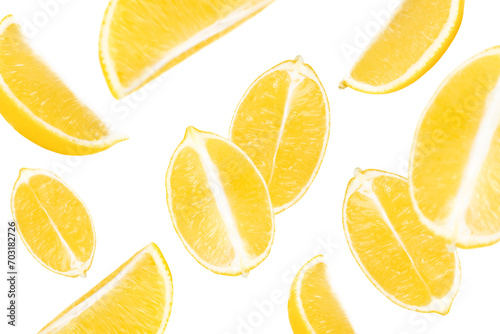 Levitation of cut lemons isolated on transparent background.