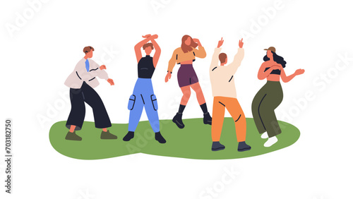 Happy youth dancing in nature. Young friends group hanging out together, outd...