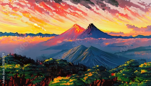 Fujisawa Mountain Summer in watercolor painting photo