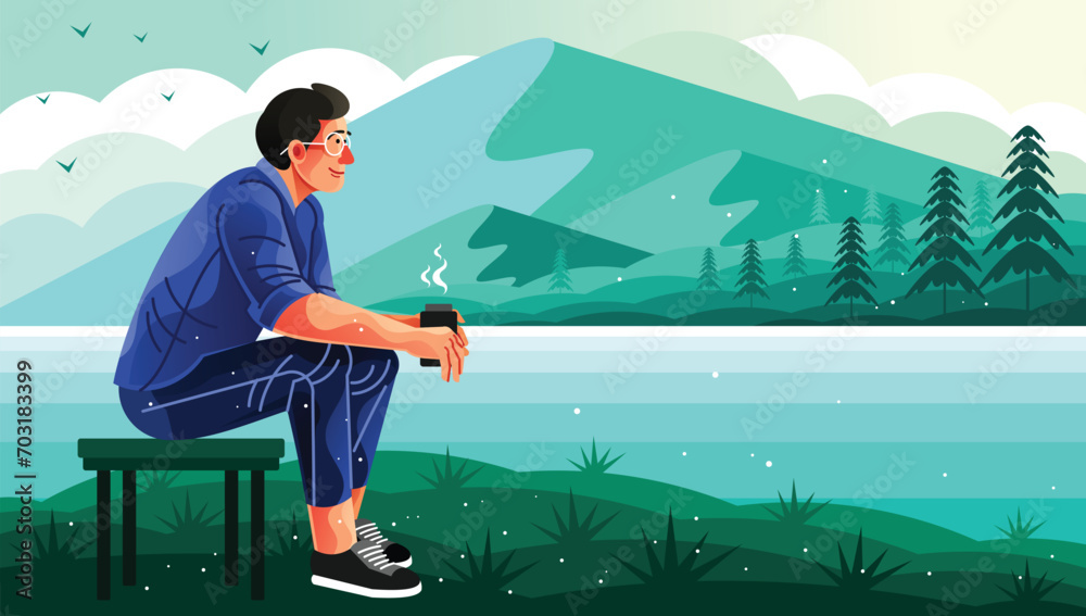 Naklejka premium Man Drinking Coffee By The Lake