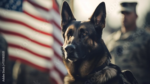 Comprehensive scene showcasing the solemnity of Veterans Day with a military man and service German Shepherd, the US flag forming a powerful background.