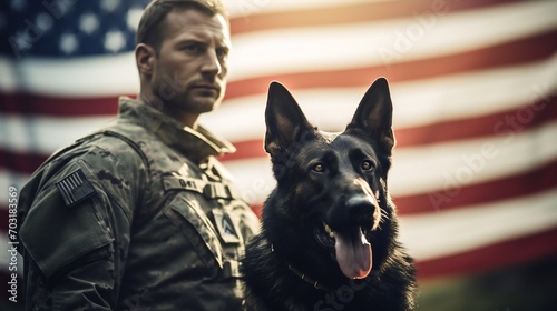 Comprehensive scene showcasing the profound connection between a military man and his service German Shepherd, set against the backdrop of the US flag for Veterans Day. photo