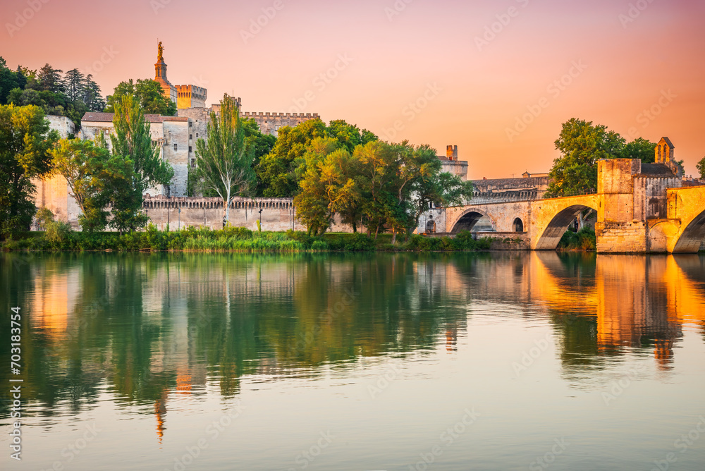 Avignon, France. Sunset golden hour with Rhone River and medieval city downtown, Provence.