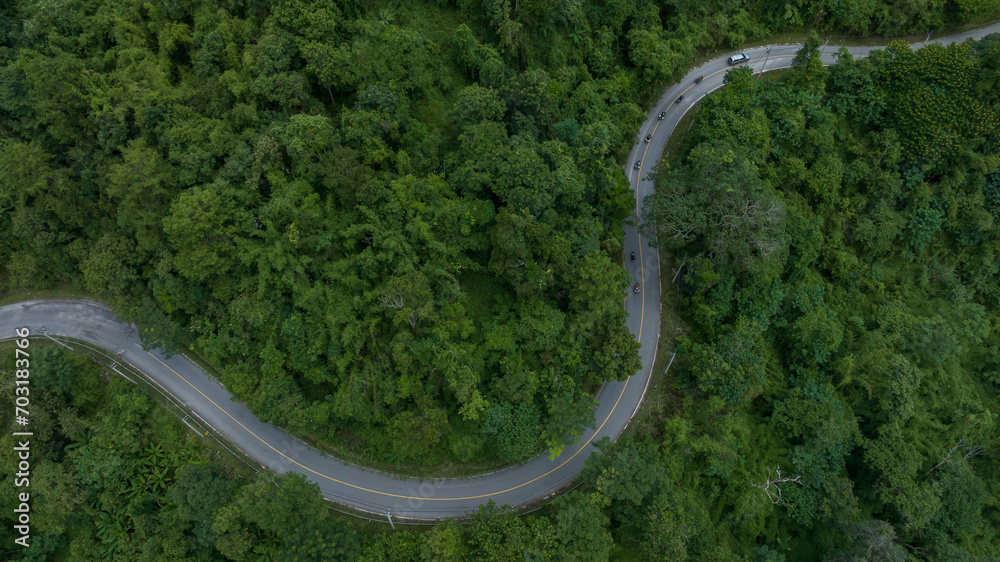 Aerial top view rural road in the green forest, Top view country road and green forest tree, Aerial view road in nature, Ecosystem and healthy environment.
