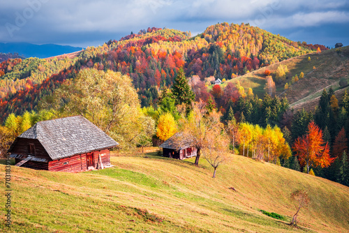 Carpathian Mountains, Romania. Autumn landscape with october colors, Moeciu.