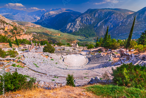 Delphi, Greece. Tholos ancient temple, sanctuary of Athena Goddess, classic Greek civilization. photo