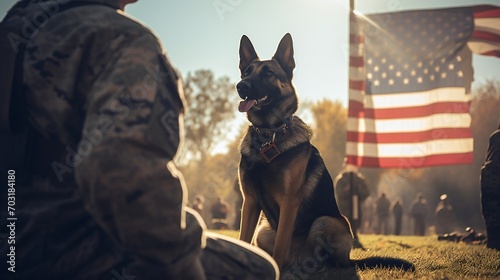Expansive view capturing the solemnity of Veterans Day with a military man and service German Shepherd, the US flag forming a powerful background. photo