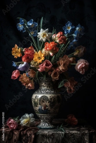Elegant Bouquet of Flowers in a Vase on a Table in Black Background