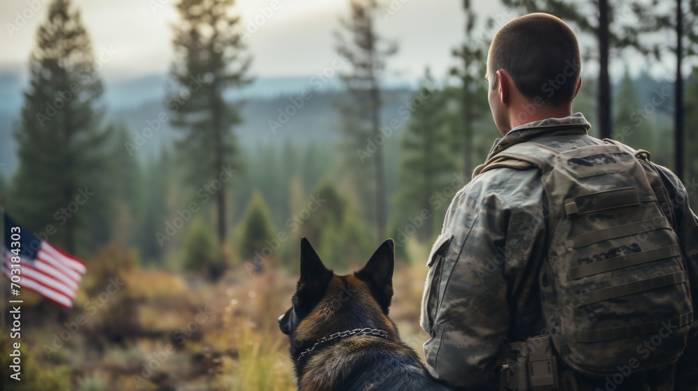 Landscape shot featuring the back of a military man and his service German Shepherd, symbolizing unity and patriotism against the US flag on Veterans Day. - obrazy, fototapety, plakaty 
