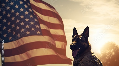 Landscape shot featuring the silhouette of a military man and a service German Shepherd against the backdrop of the US flag, a poignant image for Veterans Day. photo