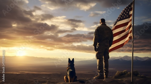 Landscape shot featuring the silhouette of a military man and a service German Shepherd against the backdrop of the US flag, a poignant image for Veterans Day.