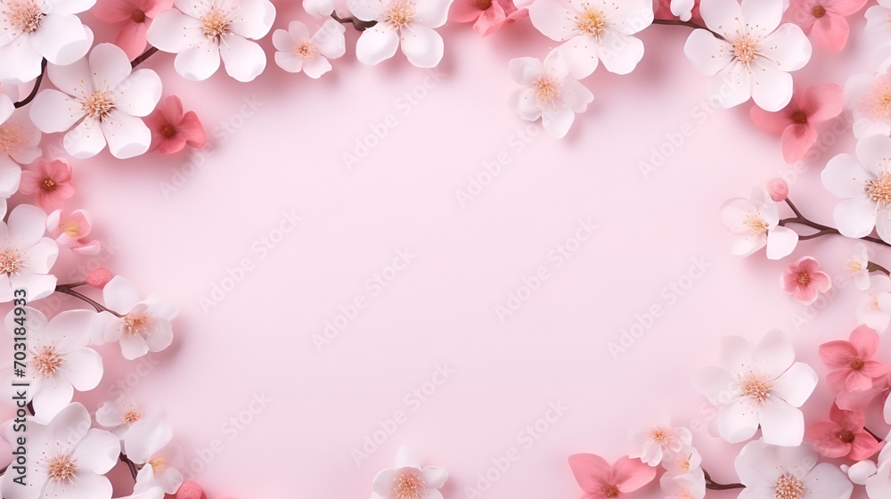 Pink flowers on a pink background with a space for text generative ai