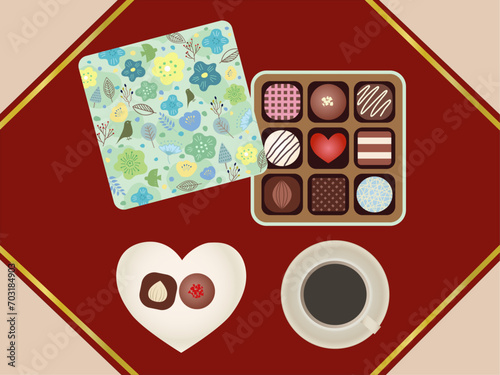 バレンタインデーのチョコレートボックスとコーヒーのイラスト