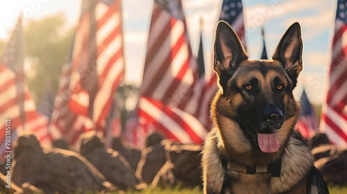 Panorama illustrating the dedication of a military man and his loyal service German Shepherd against the backdrop of the US flag, a tribute for Veterans Day.