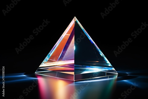 Glass 3D prism with refracting light beam photo