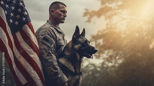 Panorama illustrating the honor and sacrifice of veterans with the back of a military man and service German Shepherd, the US flag serving as a poignant background. photo
