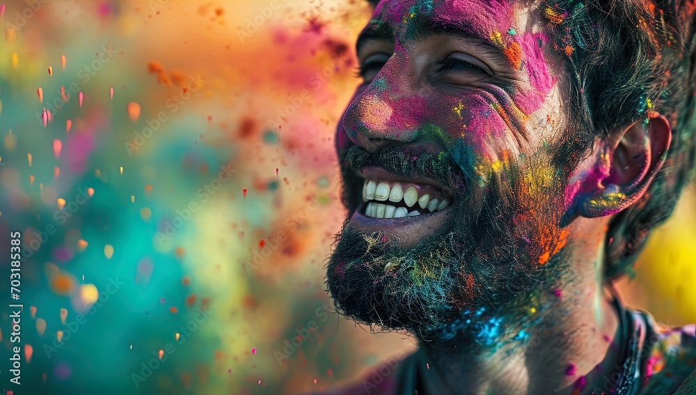 Smile through the colors! A man grins amidst vibrant powder. Photo-realistic techniques showcase a psychedelic color palette. Elevate your visuals with this vivid and expressive stock photo.