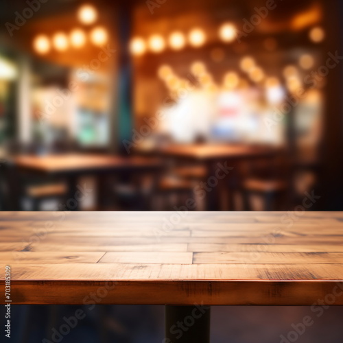 An empty wooden table in a restaurant with blurred background