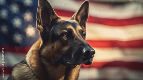 Panoramic shot presenting the unity and patriotism of a military man and his service German Shepherd, paying tribute to Veterans Day with the US flag.