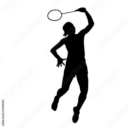 Silhouette of female badminton athlete in action pose. Silhouette of a slim woman playing badminton sport. © anom_t