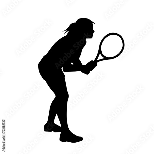 Silhouette of a female tennis player in action pose. Silhouette of a woman playing tennis sport with racket. © anom_t