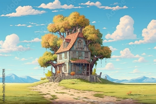 Fantasy landscape with an old wooden house in the countryside. ai generated photo