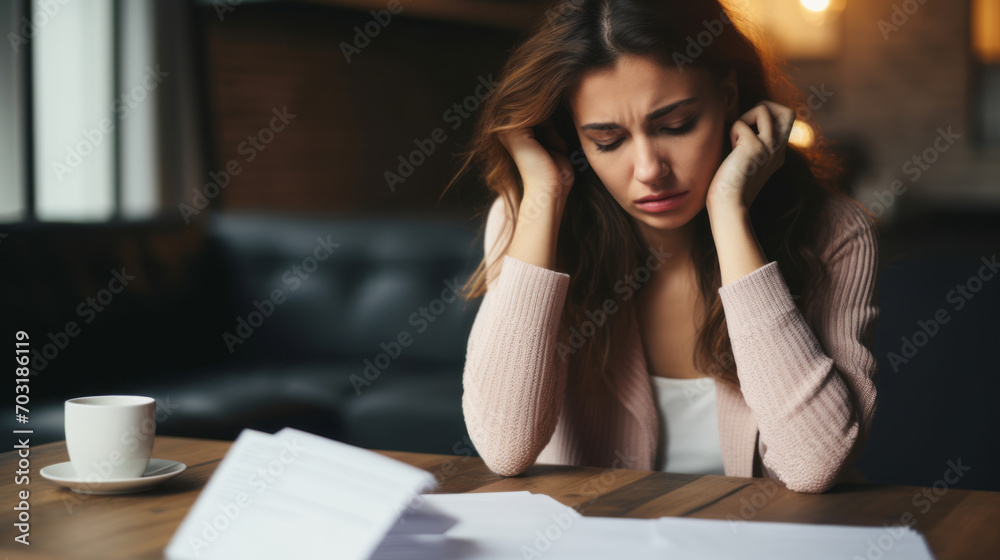 sad woman looking at unpaid bills feel distressed sitting in the living room at home. sad woman looking at unpaid bills feel distressed sitting in the living room at home.