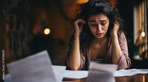 sad woman looking at unpaid bills feel distressed sitting in the living room at home. photo