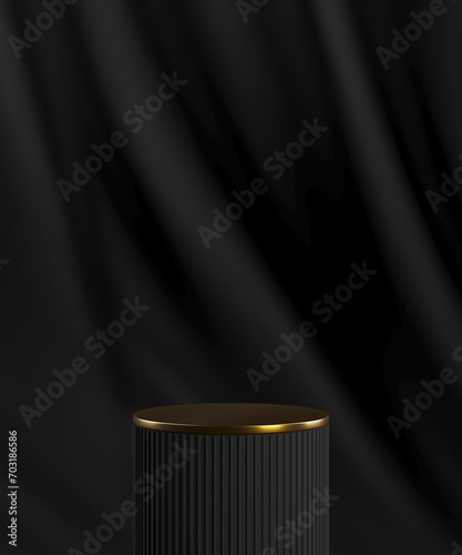 Black cylindrical pallet and top gold on a black velvet curtain backdrop. Abstract background for product presentation. 3D rendering