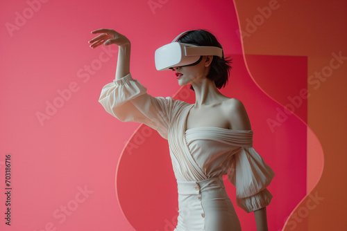 Elegant Woman with VR Headset in High Fashion Attire