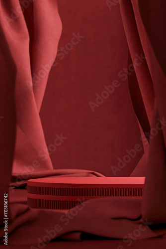 Red cylindrical platform on red velvet curtain background. Abstract background for product presentation. 3D rendering