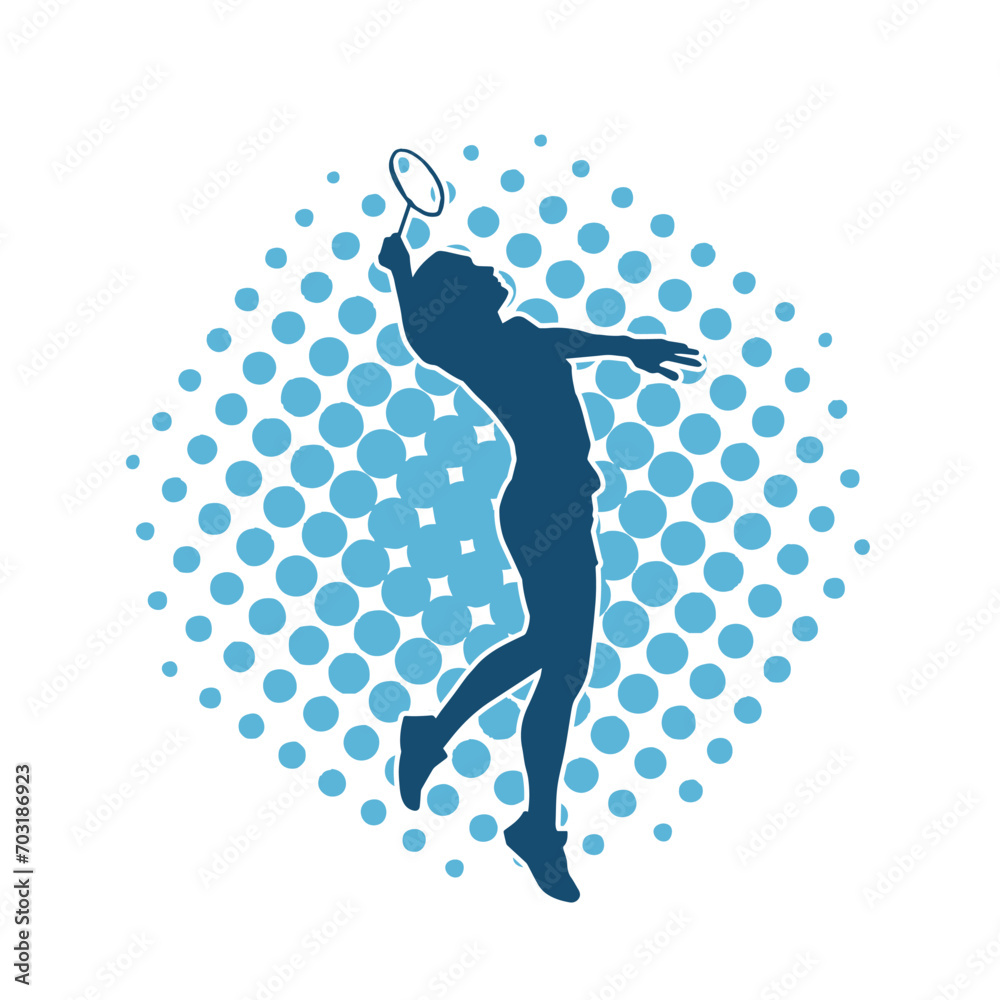Silhouette of female badminton athlete in action pose. Silhouette of a slim woman playing badminton sport. Silhouette of female badminton athlete in action pose. Silhouette of a slim woman playing badminton sport.
