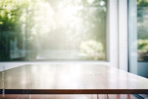 An empty wooden table with a blurred background of a lush green forest