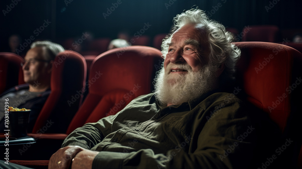 Senior man watching a funny comedy movie at the cinema, he is laughing and eating popcorn