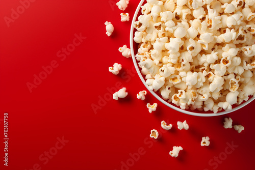 Generative AI Image of Crunchy Popcorn Snack with Blank Space on Red Background