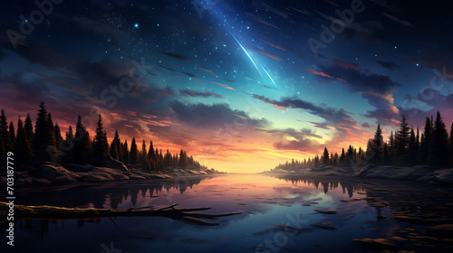 Amazing surreal background - crescent moon rising above serene sea in sunset sky  glowing horizon and bright stars.