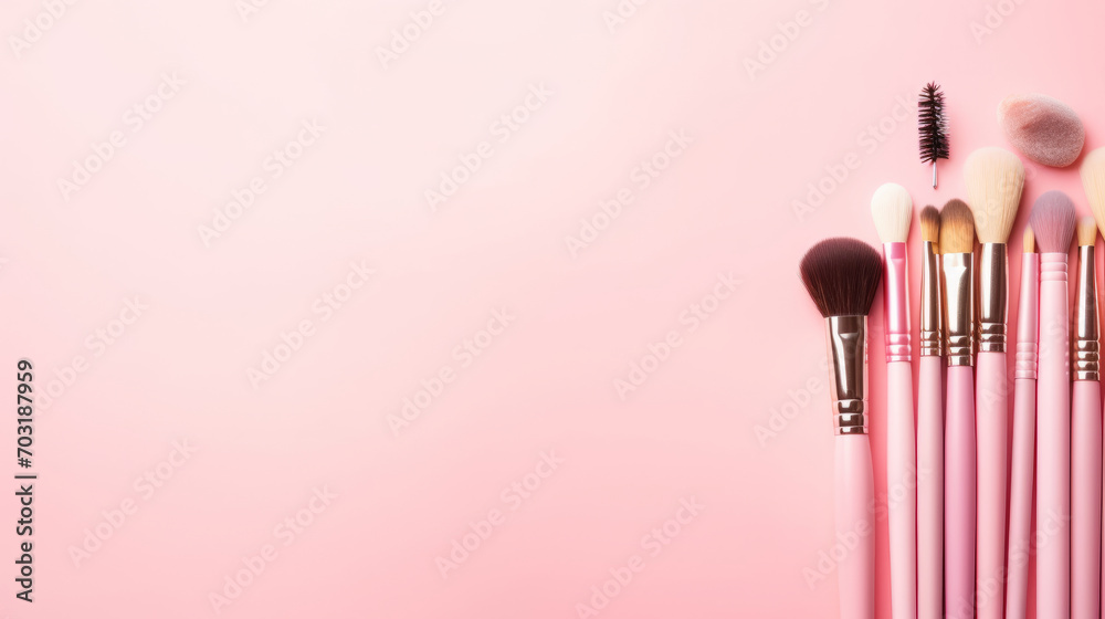 Beauty cosmetic makeup product layout. Fashion woman make up brushes. Stylish design background. Cosmetics make-up brushes collection, top view - obrazy, fototapety, plakaty 