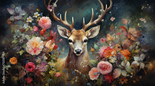 A painting of a deer with flowers