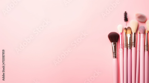 Beauty cosmetic makeup product layout. Fashion woman make up brushes. Stylish design background. Cosmetics make-up brushes collection, top view photo