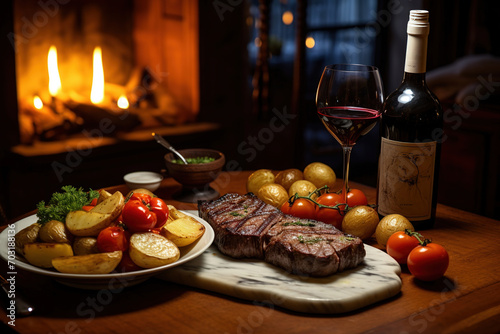 Tasty beef steak on plate with a glass of wine on fireplace background