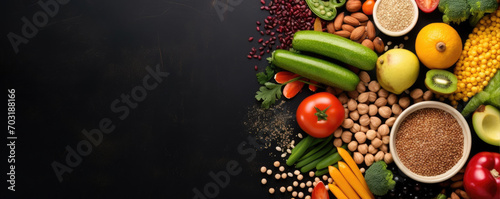 Top view of colorful vegetable and fruit mix with nuts with dark background. Healthy food concept. Fresh vegetable, raw food. Copy space for free text