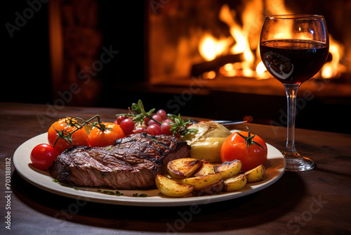 tasty steak with potatoes and tomatoes on a background of fire
