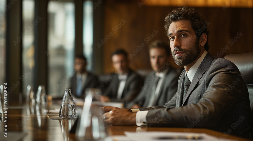 A successful young business professional in a sleek suit, leading a meeting in a contemporary office boardroom