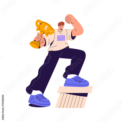 Man hold golden cup for first place, winks. Winner with gold trophy, reward, prize standing on win pedestal. Champion celebrates victory, rejoice to success. Flat isolated vector illustration on white