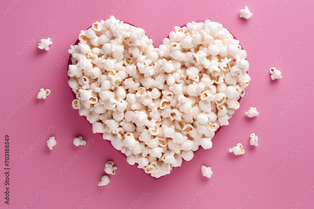 Generative AI Image of Popcorn Snack forming Love on Pink Background