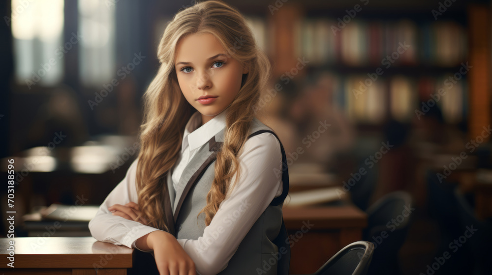 cute curly girl schoolgirl sitting at the desk in the classroom at school cute curly girl schoolgirl sitting at the desk in the classroom at school