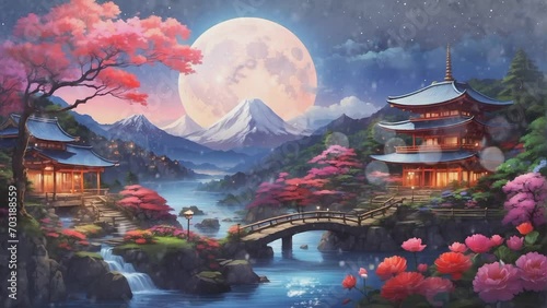 Daytime landscape of a beautiful moonlit night sky, cherry blossom trees, ancient houses, with simple animation in Japanese anime watercolour style. A smooth looping video perfect for your projects.