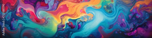 Detailed close-up captures the kaleidoscopic dance of vivid colors on a marble surface, forming an abstract symphony in high definition.