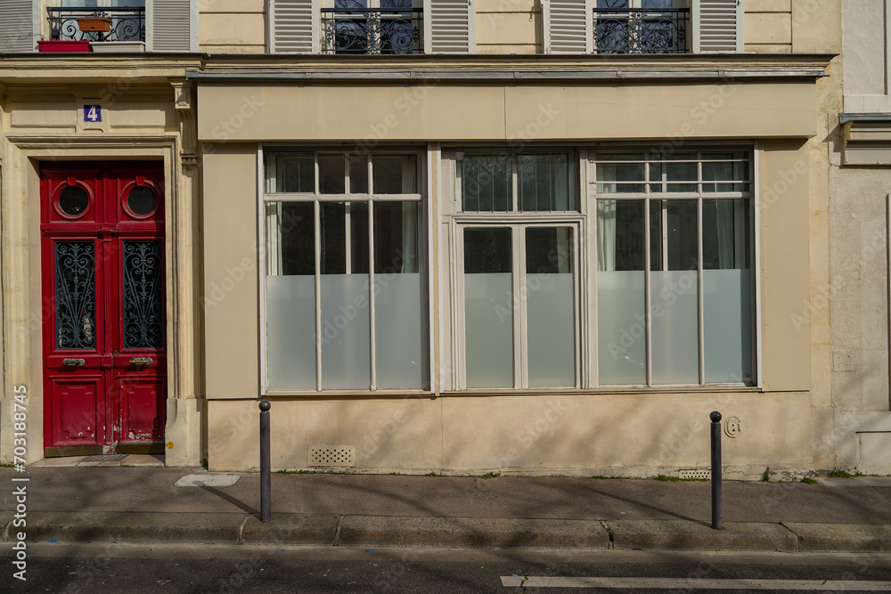 old vintage storefront facade , european hipster boutique entrance , commercial  vitrine template